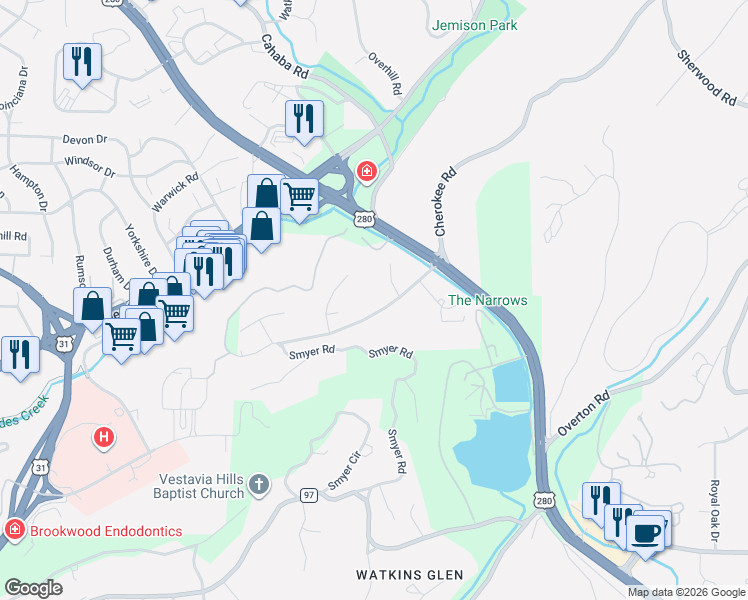 map of restaurants, bars, coffee shops, grocery stores, and more near 2744 Cherokee Road in Vestavia Hills