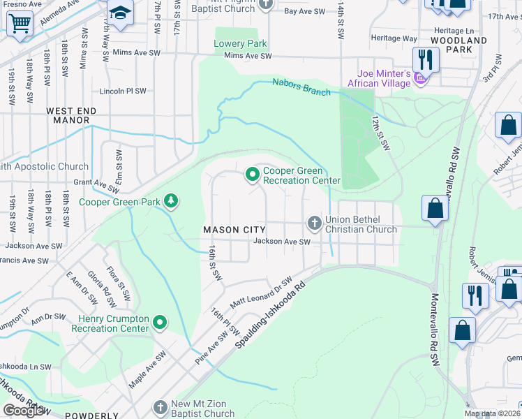 map of restaurants, bars, coffee shops, grocery stores, and more near 1812 15th Street Southwest in Birmingham