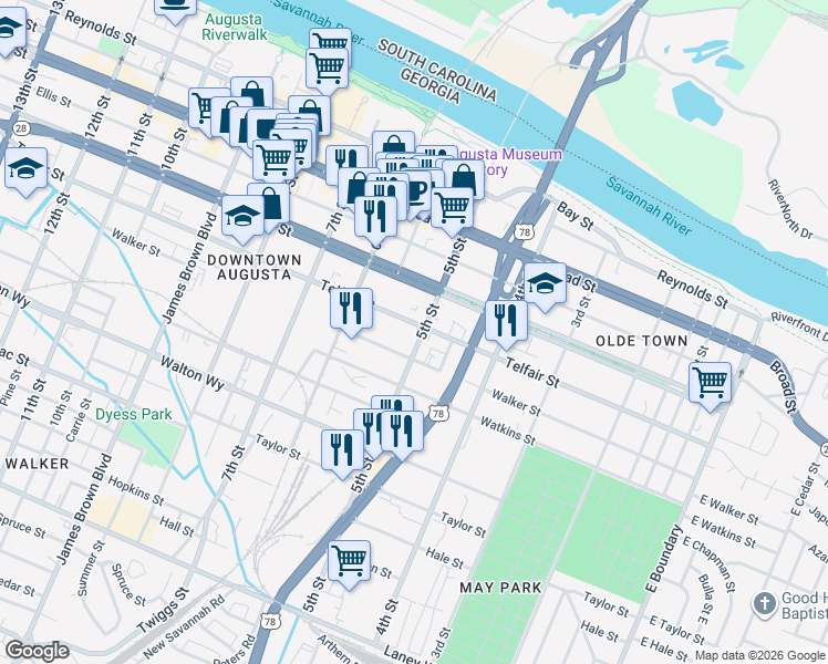 map of restaurants, bars, coffee shops, grocery stores, and more near 506 Telfair Street in Augusta