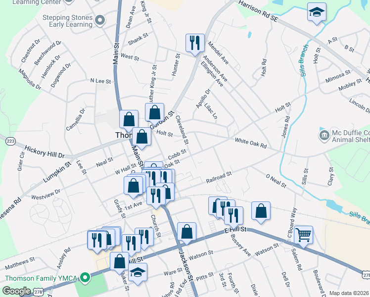 map of restaurants, bars, coffee shops, grocery stores, and more near 220 White Oak Street in Thomson