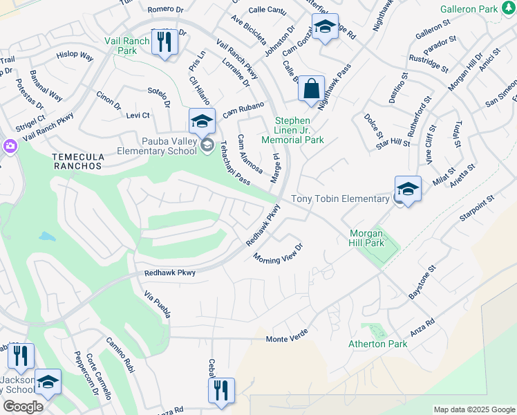 map of restaurants, bars, coffee shops, grocery stores, and more near 45289 Escalon Street in Temecula