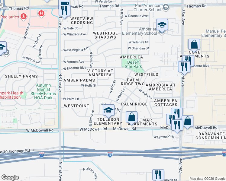 map of restaurants, bars, coffee shops, grocery stores, and more near 2019 North 87th Drive in Phoenix