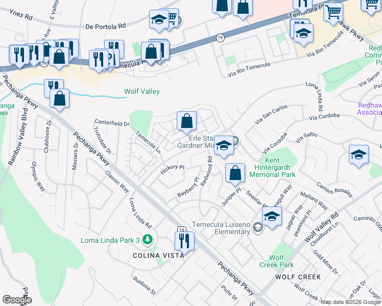 map of restaurants, bars, coffee shops, grocery stores, and more near 31332 Bluebeech Court in Temecula