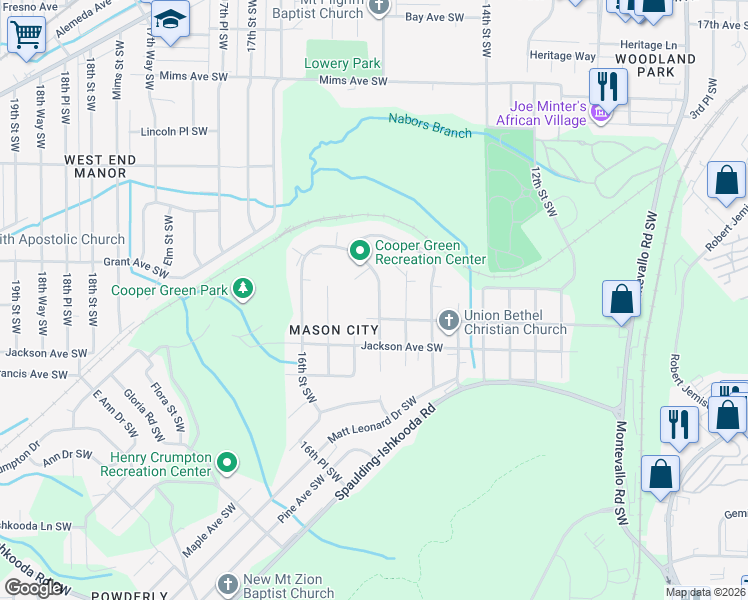 map of restaurants, bars, coffee shops, grocery stores, and more near 1812 15th Street Southwest in Birmingham