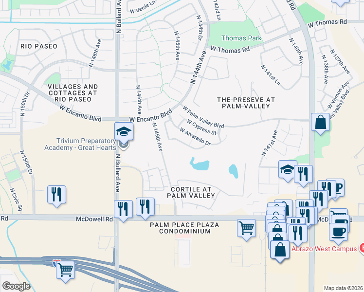 map of restaurants, bars, coffee shops, grocery stores, and more near 14375 West Monte Vista Road in Goodyear
