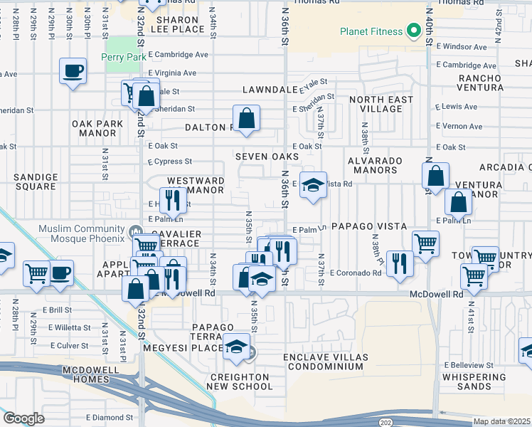 map of restaurants, bars, coffee shops, grocery stores, and more near 2000 North 36th Street in Phoenix