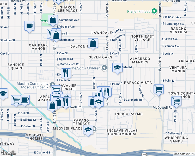 map of restaurants, bars, coffee shops, grocery stores, and more near 3444 East Palm Lane in Phoenix