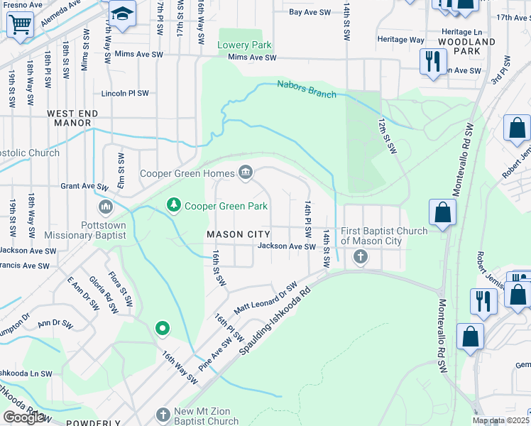 map of restaurants, bars, coffee shops, grocery stores, and more near 1812 15th Street Southwest in Birmingham