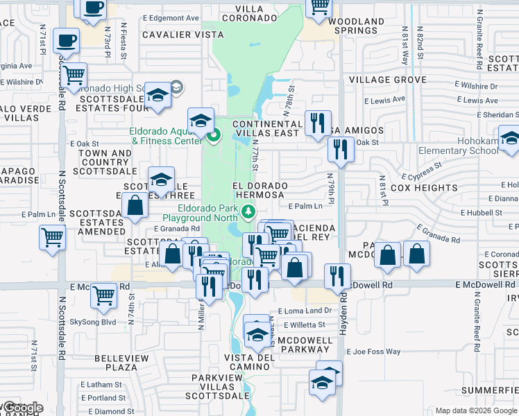 map of restaurants, bars, coffee shops, grocery stores, and more near 7702 East Palm Lane in Scottsdale