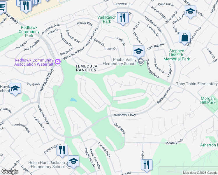 map of restaurants, bars, coffee shops, grocery stores, and more near 45211 Tioga Street in Temecula