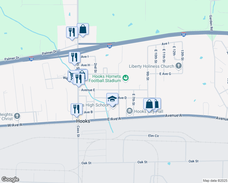 map of restaurants, bars, coffee shops, grocery stores, and more near 408 Avenue East in Hooks