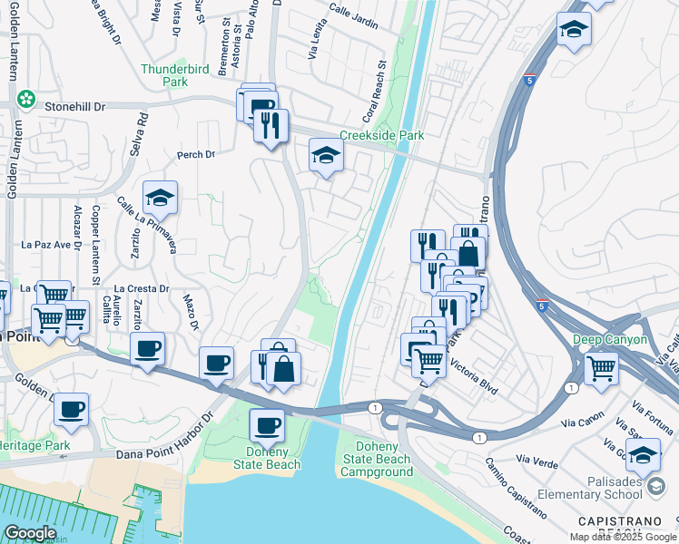 map of restaurants, bars, coffee shops, grocery stores, and more near 25611 Quail Run in Dana Point