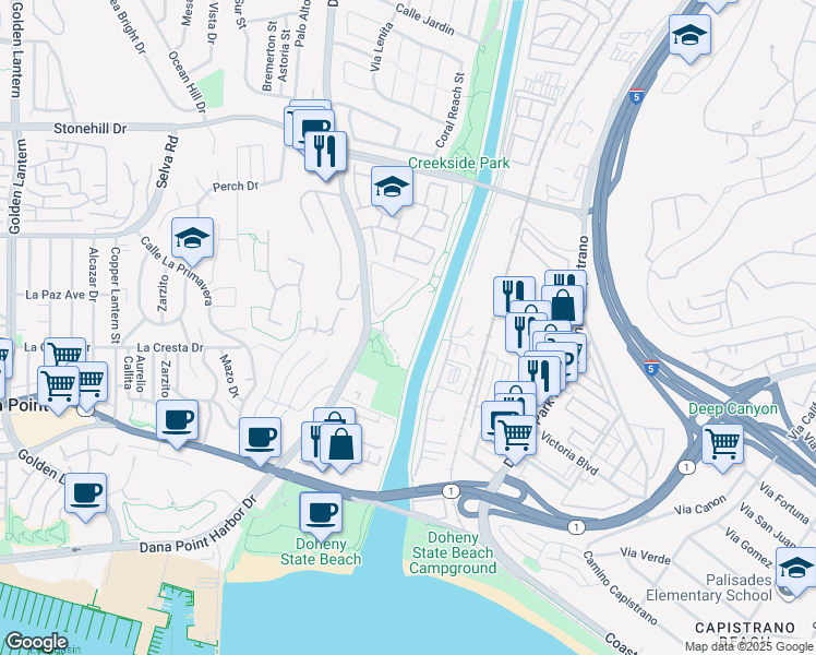 map of restaurants, bars, coffee shops, grocery stores, and more near 25611 Quail Run in Dana Point