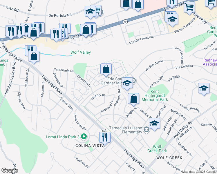 map of restaurants, bars, coffee shops, grocery stores, and more near 31332 Bluebeech Court in Temecula