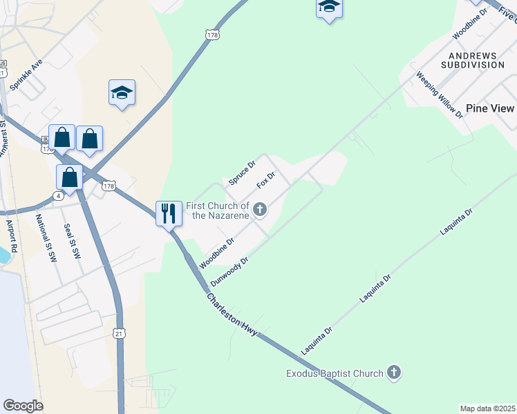 map of restaurants, bars, coffee shops, grocery stores, and more near 453 Woodbine Drive in Orangeburg