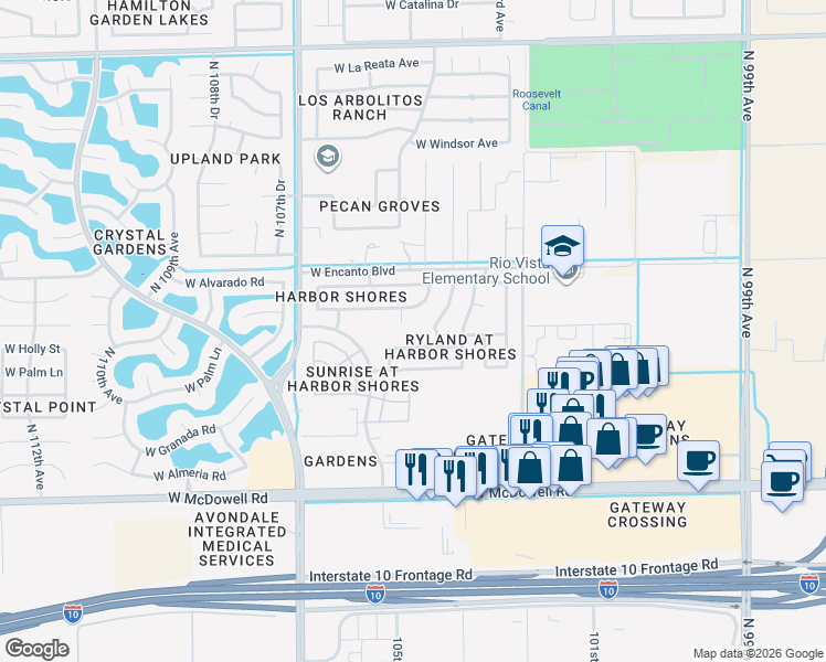 map of restaurants, bars, coffee shops, grocery stores, and more near 1937 North 104th Lane in Avondale
