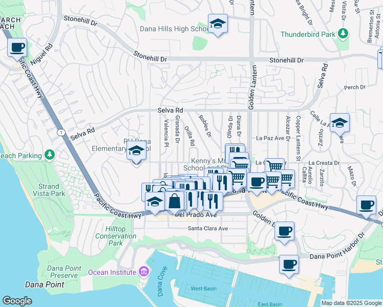 map of restaurants, bars, coffee shops, grocery stores, and more near 33932 La Serena Drive in Dana Point