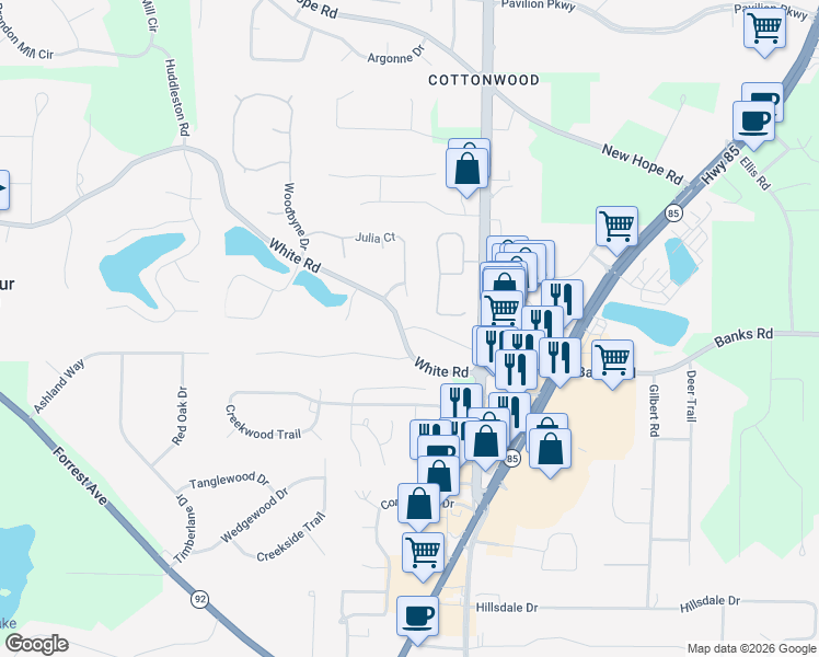 map of restaurants, bars, coffee shops, grocery stores, and more near 565 Old White Road in Fayetteville
