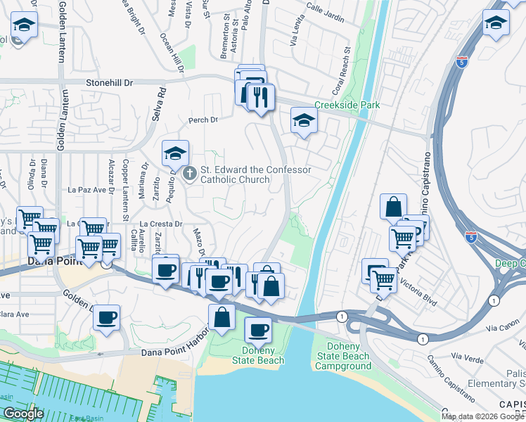 map of restaurants, bars, coffee shops, grocery stores, and more near 25411 Sea Bluffs Drive in Dana Point