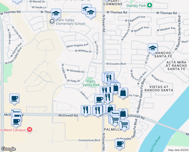 map of restaurants, bars, coffee shops, grocery stores, and more near 13181 West Monte Vista Drive in Goodyear