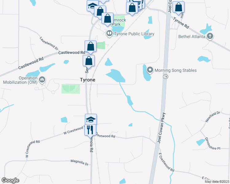 map of restaurants, bars, coffee shops, grocery stores, and more near 240 Handley Court in Tyrone