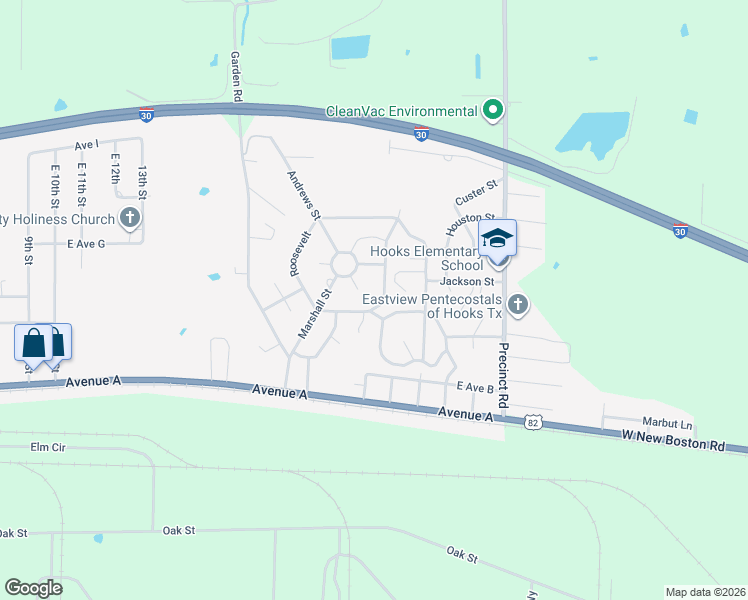 map of restaurants, bars, coffee shops, grocery stores, and more near 306 Roosevelt in Hooks