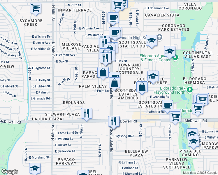 map of restaurants, bars, coffee shops, grocery stores, and more near 7100-7198 East Palm Lane in Scottsdale