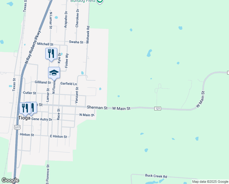 map of restaurants, bars, coffee shops, grocery stores, and more near 31819 Farm to Market 121 in Tioga