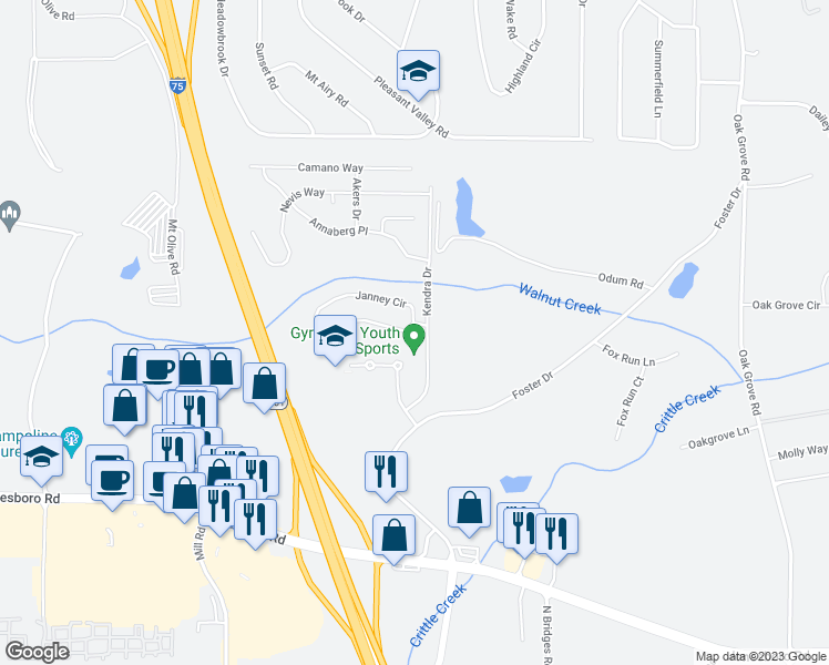 map of restaurants, bars, coffee shops, grocery stores, and more near 105 Janney Circle in McDonough