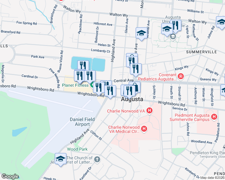 map of restaurants, bars, coffee shops, grocery stores, and more near 2644 Raymond Avenue in Augusta