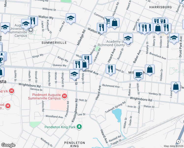 map of restaurants, bars, coffee shops, grocery stores, and more near 1215 Hickman Road in Augusta
