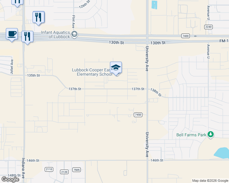 map of restaurants, bars, coffee shops, grocery stores, and more near 2500-2924 140th Street in Lubbock