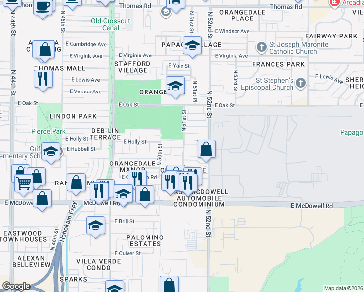 map of restaurants, bars, coffee shops, grocery stores, and more near 2006 North 51st Street in Phoenix