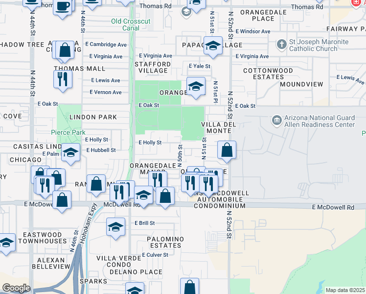 map of restaurants, bars, coffee shops, grocery stores, and more near 2015 North 50th Street in Phoenix