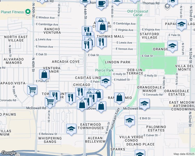 map of restaurants, bars, coffee shops, grocery stores, and more near 4433 East Hubbell Street in Phoenix