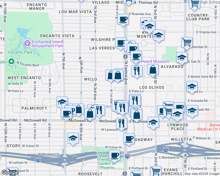 map of restaurants, bars, coffee shops, grocery stores, and more near 2001 North 1st Avenue in Phoenix