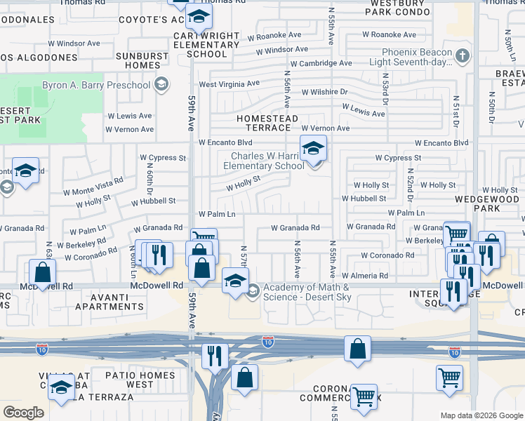 map of restaurants, bars, coffee shops, grocery stores, and more near 5643 West Palm Lane in Phoenix