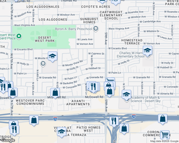 map of restaurants, bars, coffee shops, grocery stores, and more near 6015 West Palm Lane in Phoenix