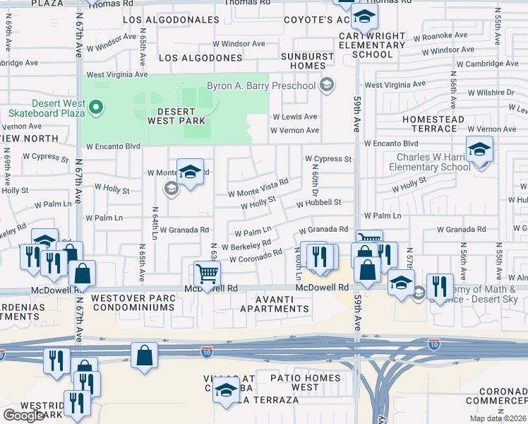 map of restaurants, bars, coffee shops, grocery stores, and more near 6174 West Hubbell Street in Phoenix
