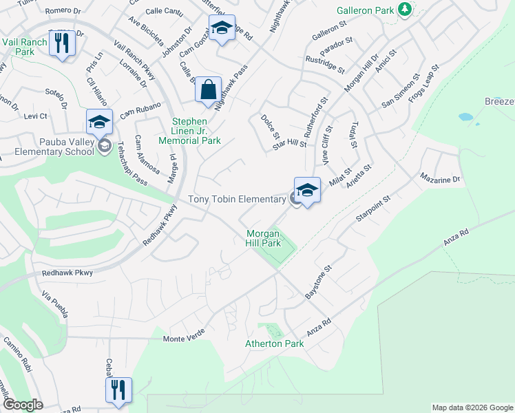 map of restaurants, bars, coffee shops, grocery stores, and more near 33675 Sattui Street in Temecula