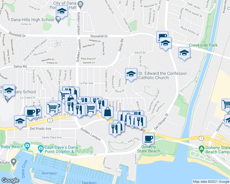 map of restaurants, bars, coffee shops, grocery stores, and more near 33936 Mariana Drive in Dana Point