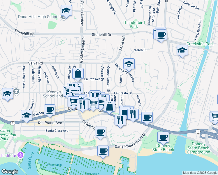 map of restaurants, bars, coffee shops, grocery stores, and more near 33936 Mariana Drive in Dana Point