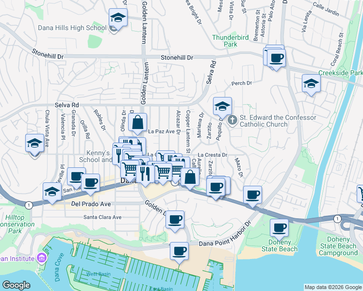 map of restaurants, bars, coffee shops, grocery stores, and more near 33962 Alcazar Drive in Dana Point