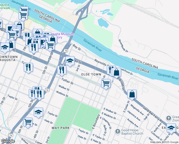 map of restaurants, bars, coffee shops, grocery stores, and more near 212 Ellis Street in Augusta