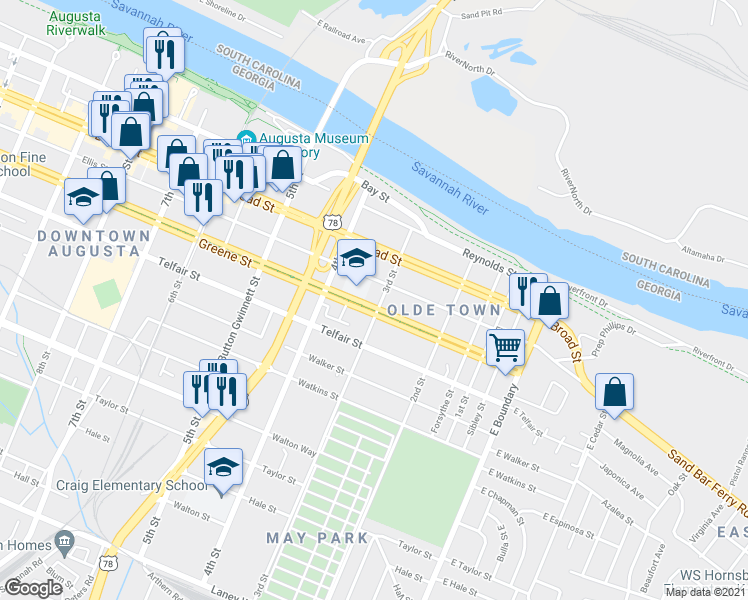 map of restaurants, bars, coffee shops, grocery stores, and more near 312 Greene Street in Augusta