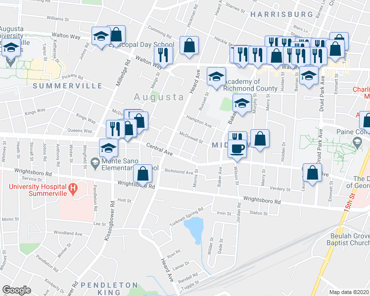 map of restaurants, bars, coffee shops, grocery stores, and more near 1113 Adrian Street in Augusta