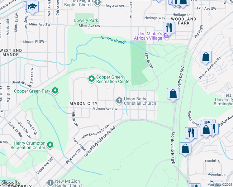 map of restaurants, bars, coffee shops, grocery stores, and more near 1821 14th Place Southwest in Birmingham