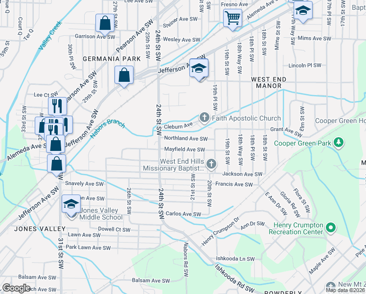 map of restaurants, bars, coffee shops, grocery stores, and more near 1500 22nd Street Southwest in Birmingham