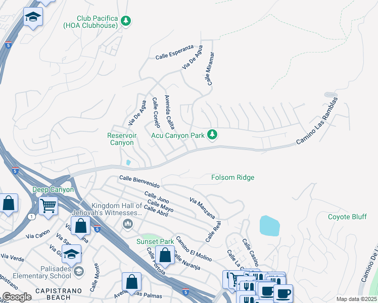 map of restaurants, bars, coffee shops, grocery stores, and more near Camino Las Ramblas & Avenida Calita in San Juan Capistrano