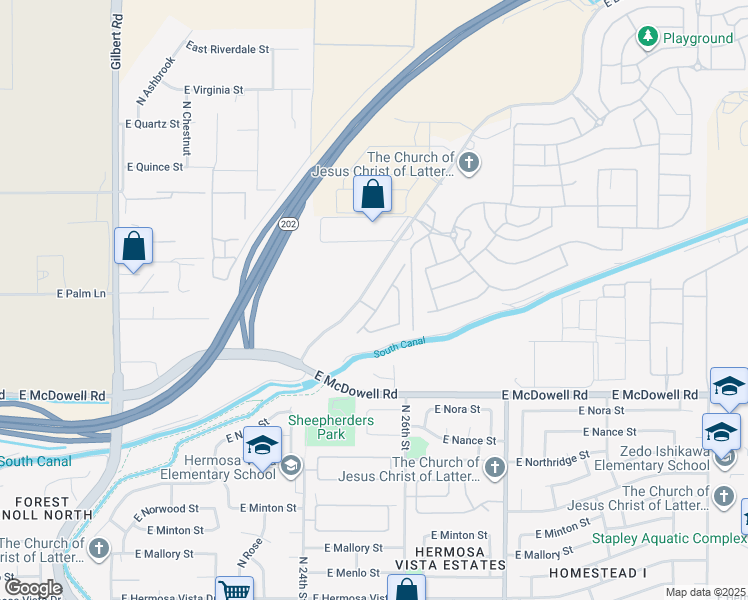 map of restaurants, bars, coffee shops, grocery stores, and more near 2505 East Lehi Road in Mesa